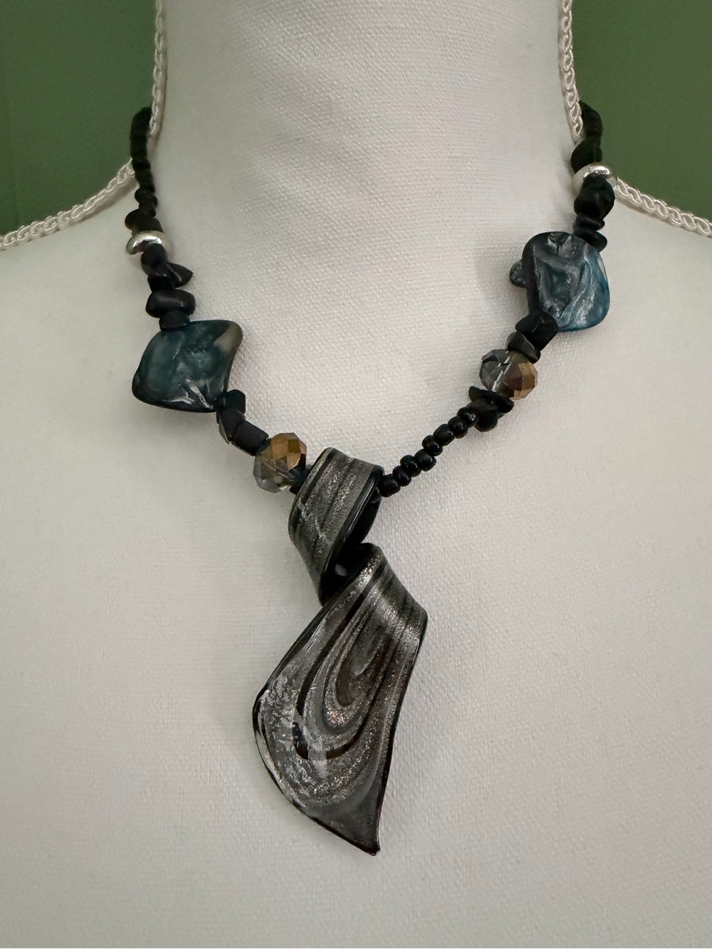 Murano Inspired Artisan Swirl Pendant Necklace in Metallic Gray and Teal
